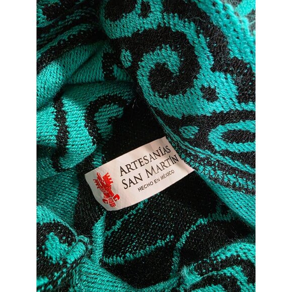Vintage Mexican Poncho Black & Teal Floral Embroidered Wool Blend One Size Fits - Picture 8 of 8